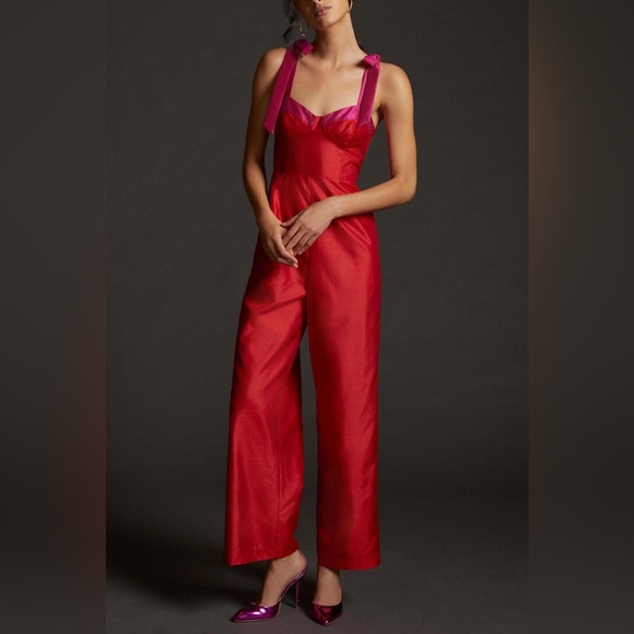 HUTCH Wide-Leg Jumpsuit Bow Straps Red & Fuchsia Bustier Top Anthropologie - Picture 3 of 13